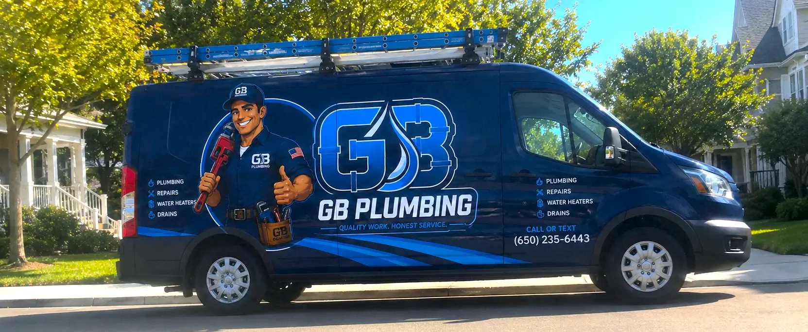GB Plumbing professional service van in Burlingame CA - licensed plumber providing 24/7 emergency plumbing services in San Mateo County and San Francisco Bay Area