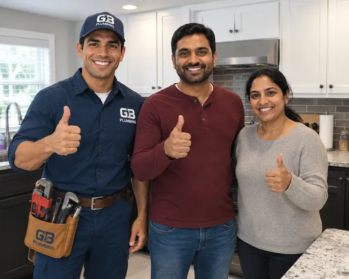 AI-generated illustration of a GB Plumbing worker and a couple in a kitchen.