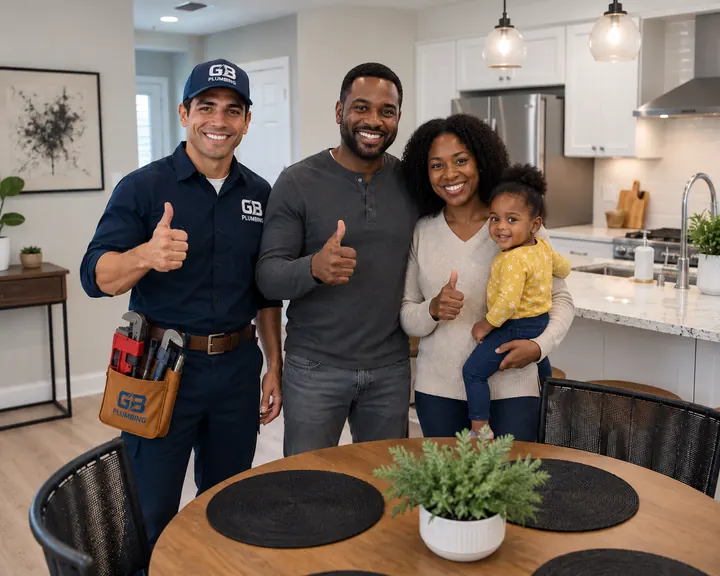 AI-generated illustration of a GB Plumbing worker and a family with a child in a kitchen.