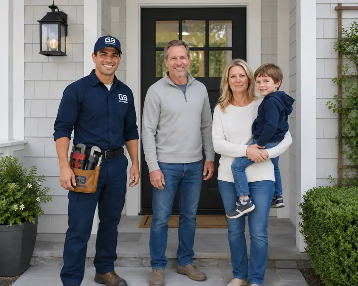 AI-generated illustration of a GB Plumbing worker and a family on a front porch.