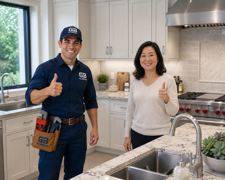 AI-generated illustration of a GB Plumbing worker and a woman beside a kitchen sink.