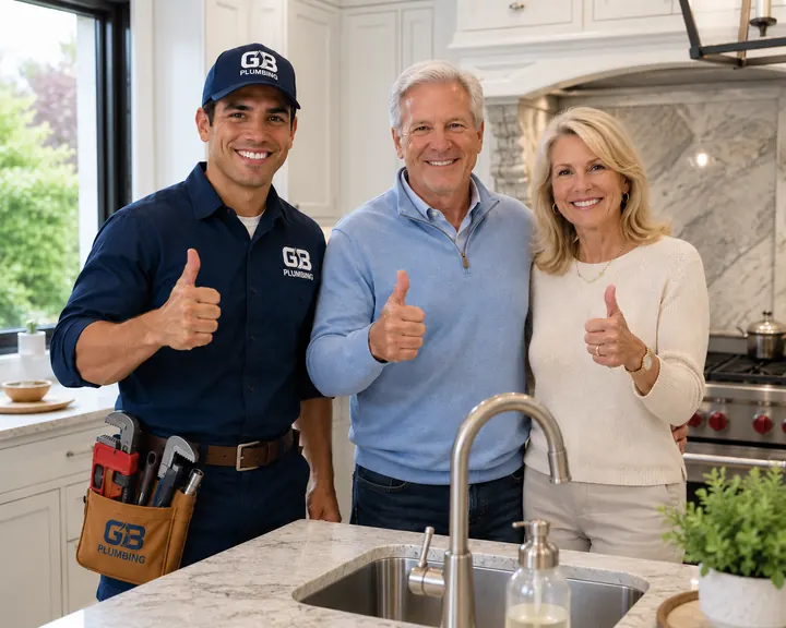 AI-generated illustration of a GB Plumbing worker and an older couple in a kitchen.