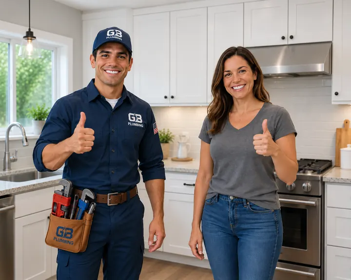 AI-generated illustration of a GB Plumbing worker and a woman in a kitchen.